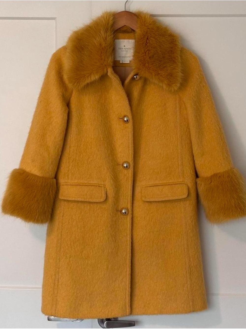 kate spade Mustard Wool Pea Coat with Faux-Fur Collar & Cuffs Size 0